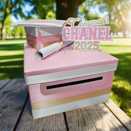 Pink, White, and Light Gold Graduation Card Box