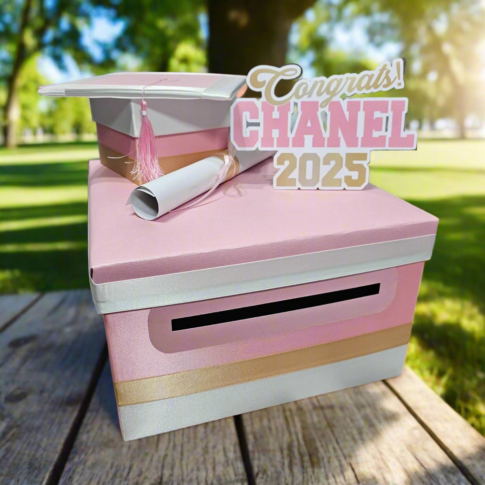 Pink, White, and Light Gold Graduation Card Box