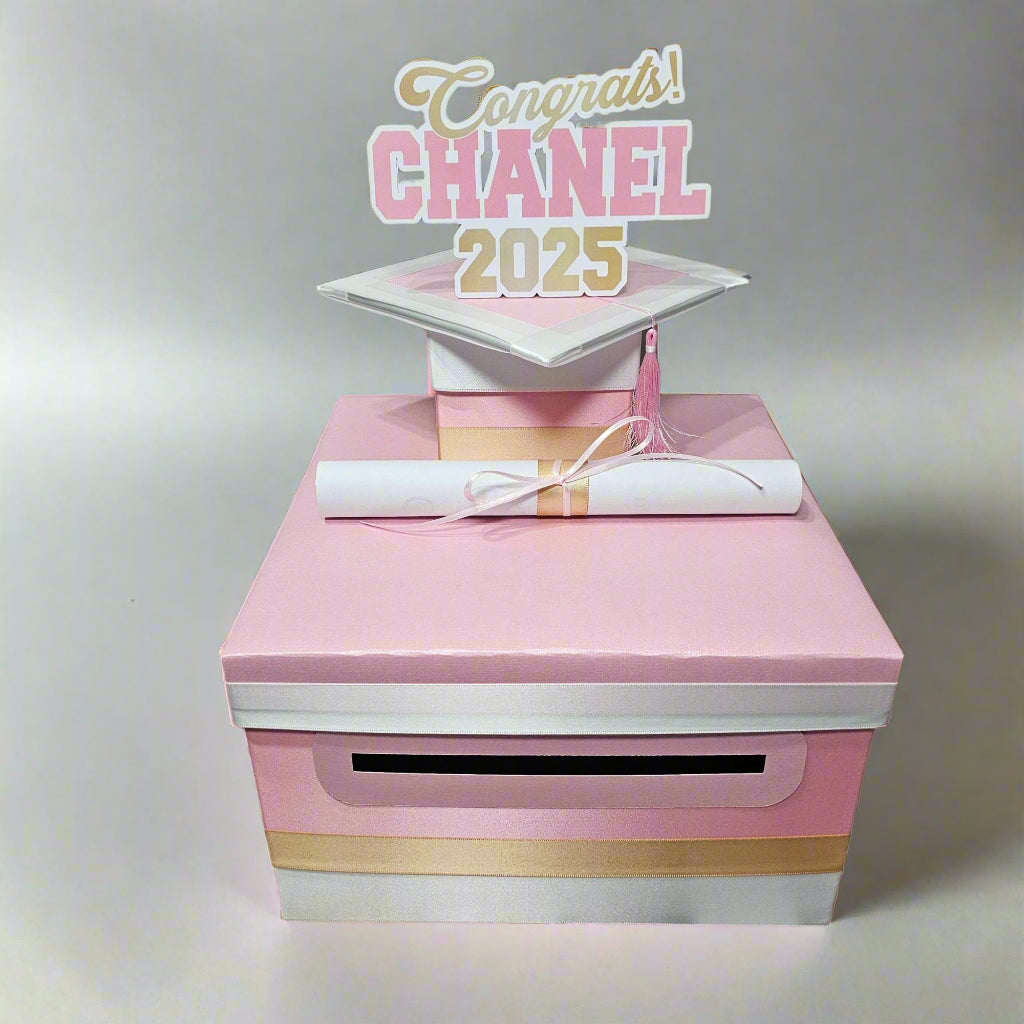 Pink, White, and Light Gold Graduation Card Box