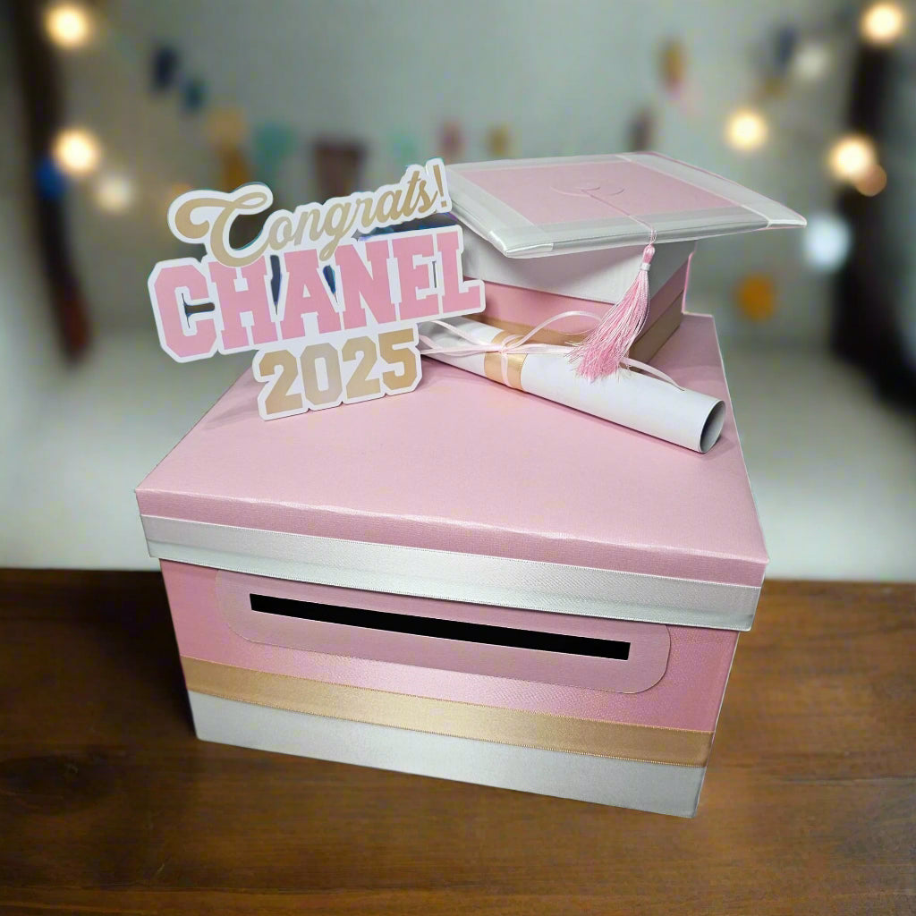 Pink, White, and Light Gold Graduation Card Box