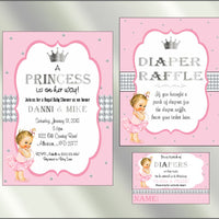 Princess Baby Shower Invite and Diaper Raffle, Pink & Silver