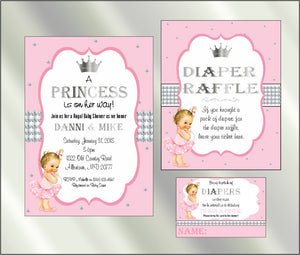 Princess Baby Shower Invite and Diaper Raffle, Pink & Silver