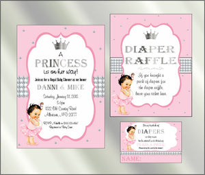 Princess Baby Shower Invite and Diaper Raffle, Pink & Silver