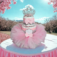 Pink & Silver Tutu Princess Girl Diaper Cake Centerpiece - 3 Layer