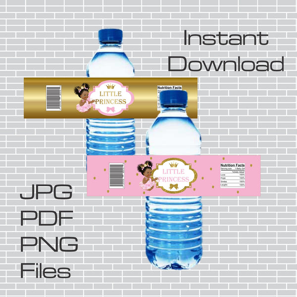 Little Princess Pink and Gold Water Bottle Labels, Curly