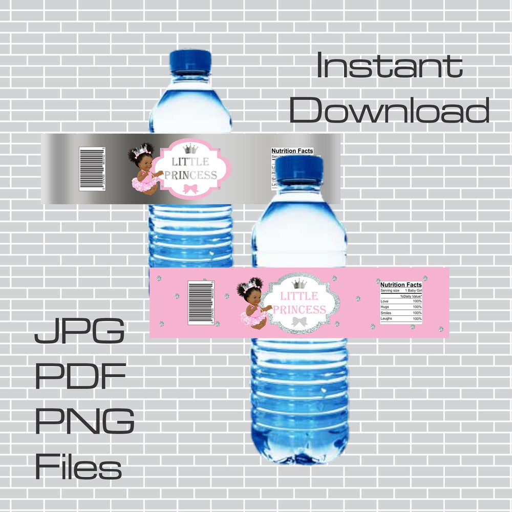 Pink and Silver Little Princess Water Bottle Labels, Curly