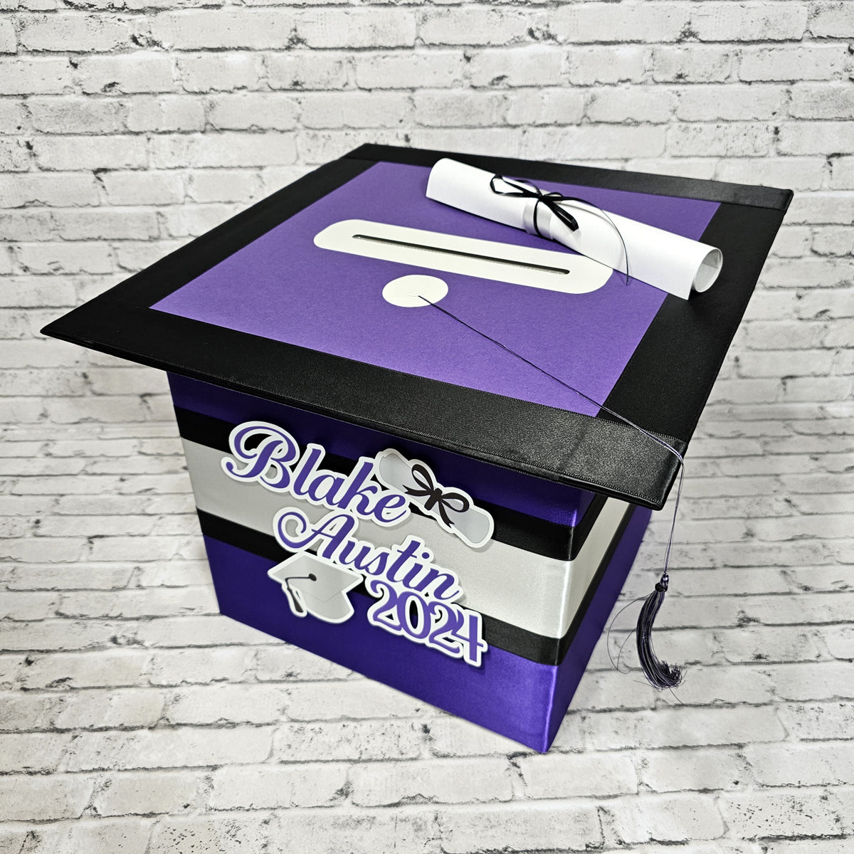 Large Graduation Cap Card Box, Royal Purple, Silver, Black