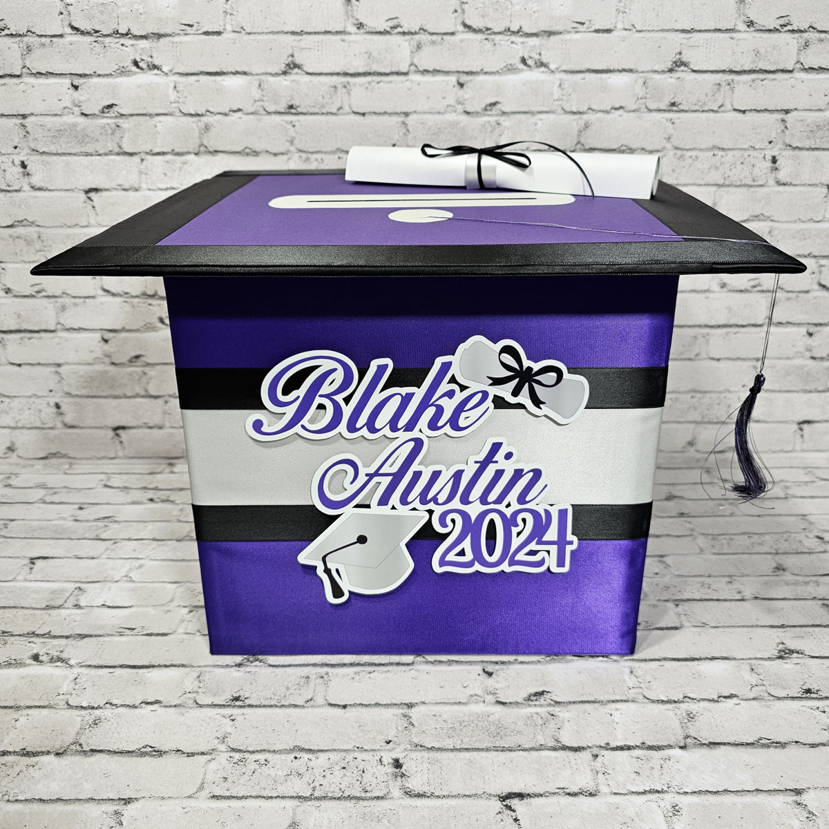 Large Graduation Cap Card Box, Royal Purple, Silver, Black
