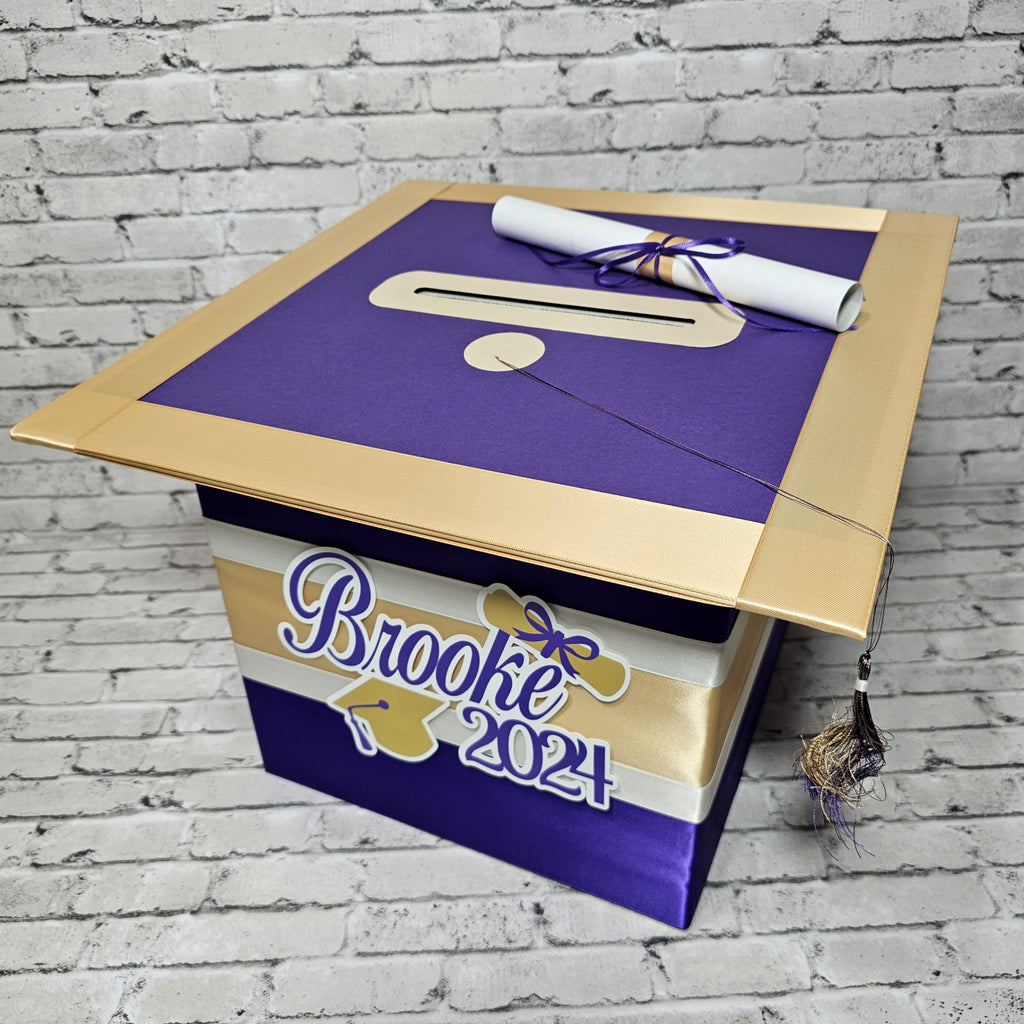 Large Graduation Cap Card Box, Royal Purple, Light Gold, White