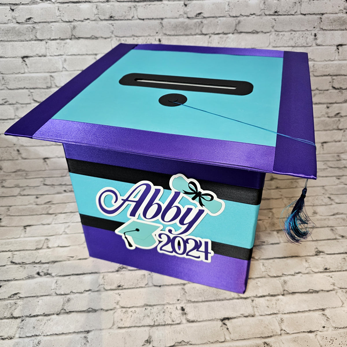 Large Graduation Cap Card Box, Royal Purple, Turquoise, Black