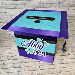 Large Graduation Cap Card Box - Purple, Light Teal, Black 10x10x10