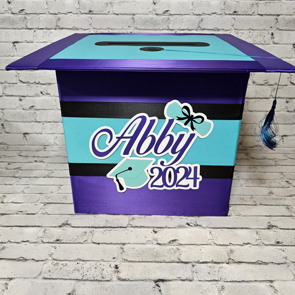 Large Graduation Cap Card Box, Royal Purple, Turquoise, Black