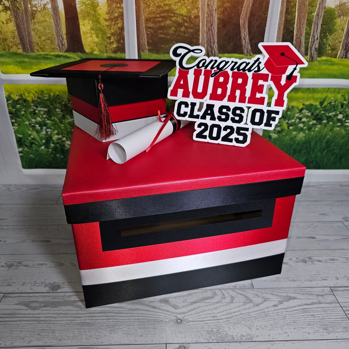 Black, Red, and White Grad Card Box, 10x10x6