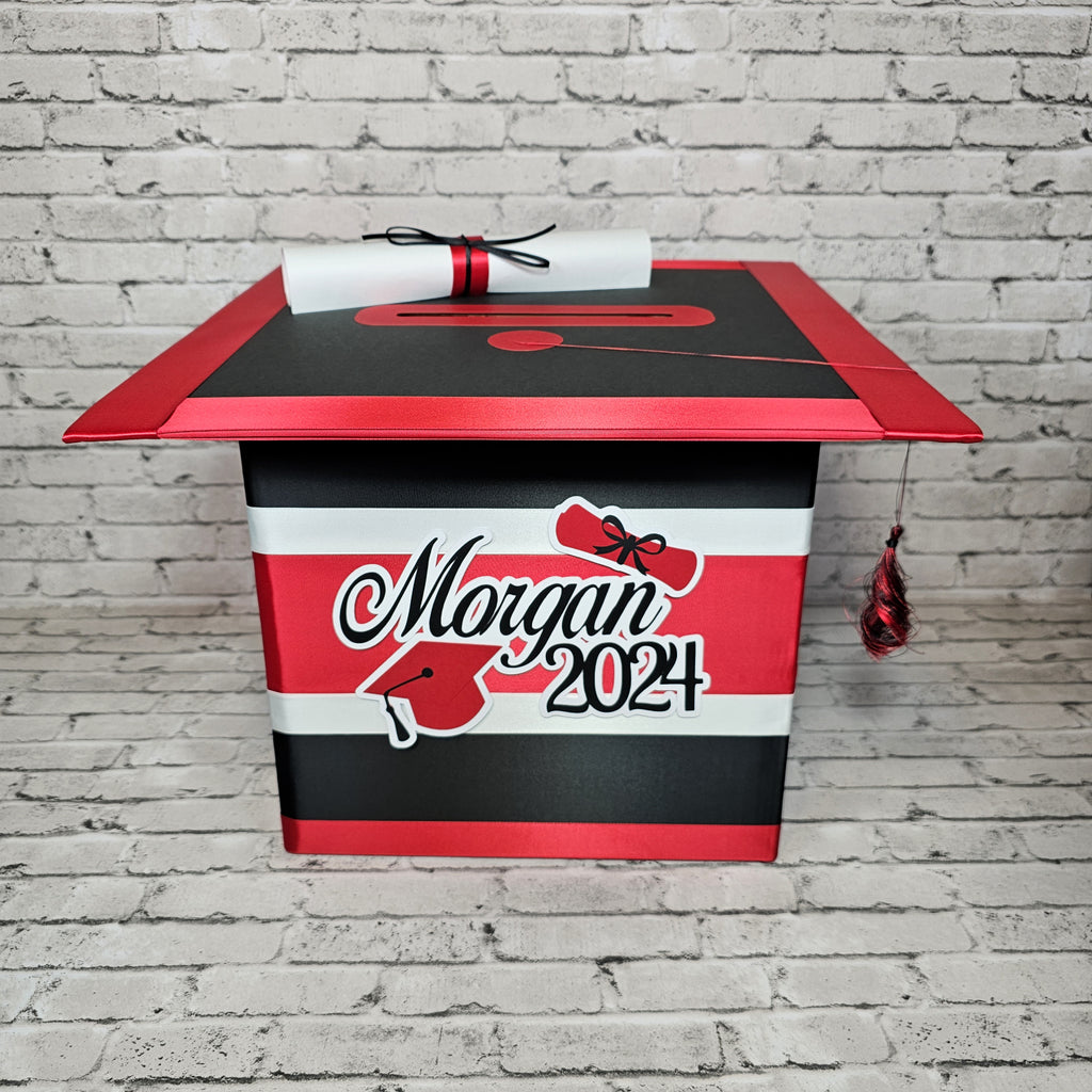 Large Graduation Cap Card Box, Black, Red, White