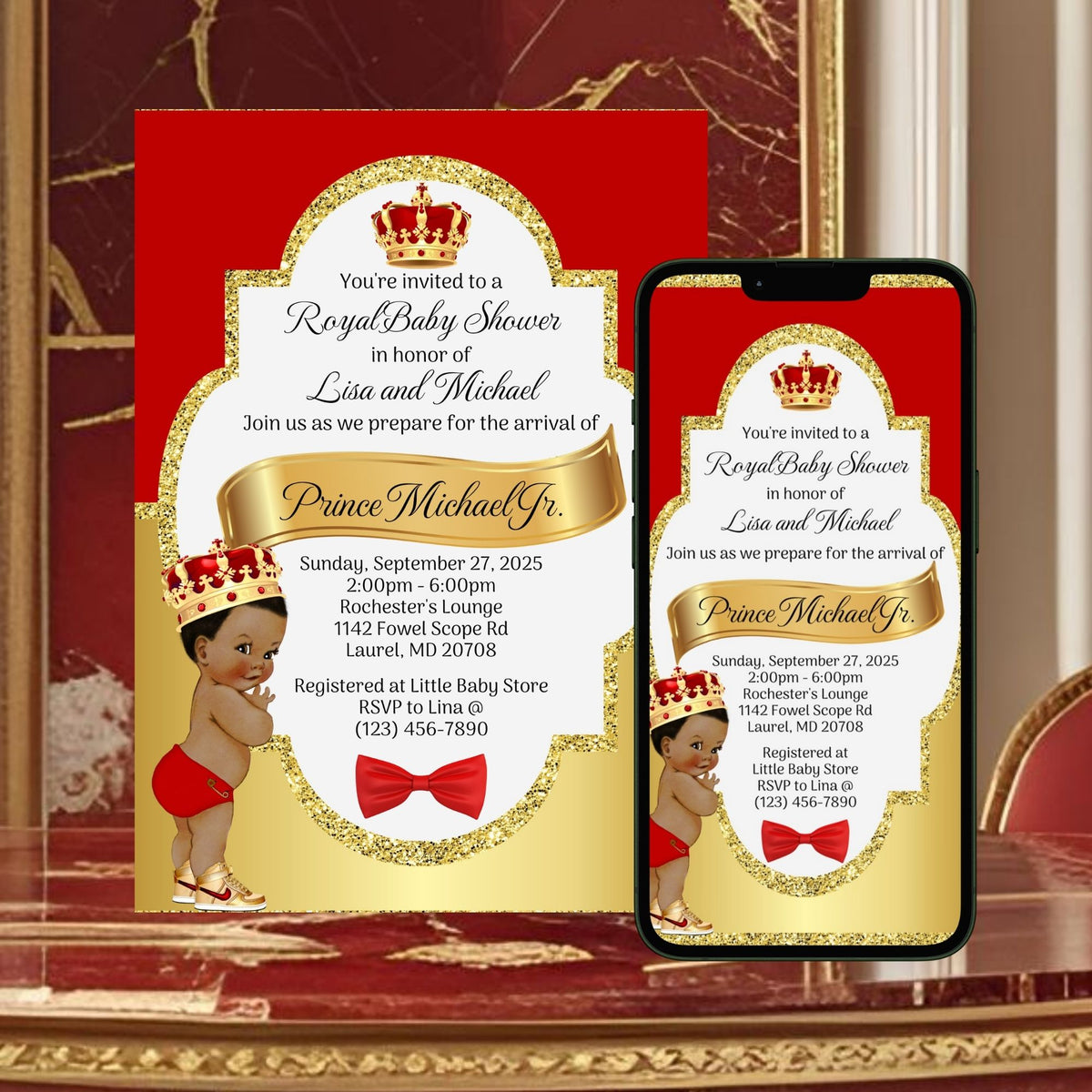 Red and Gold Little Prince Baby Shower Invitation