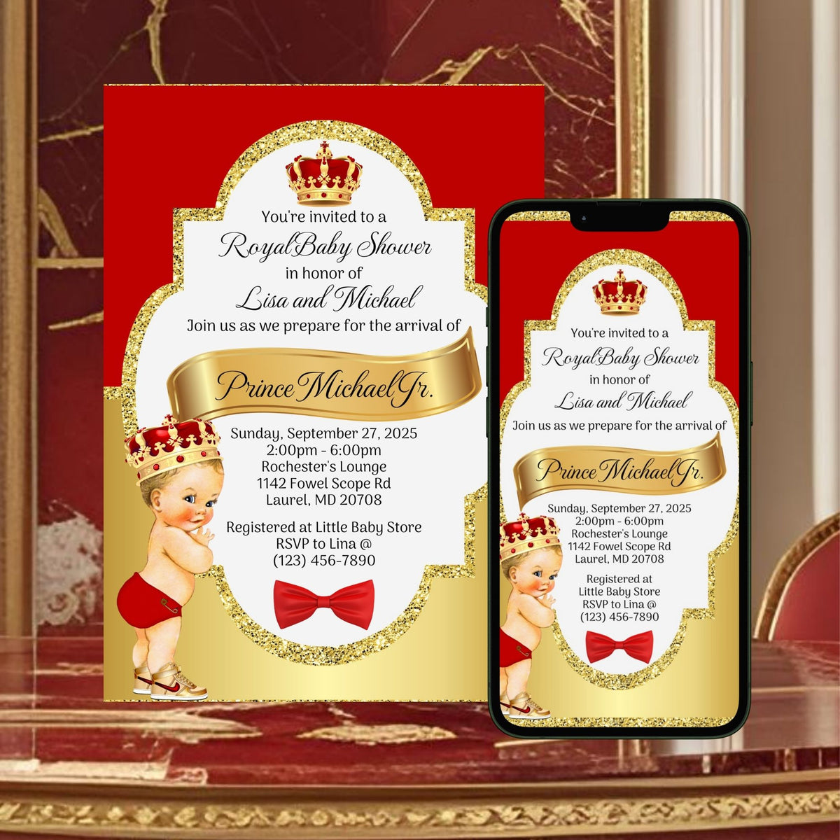 Red and Gold Little Prince Baby Shower Invitation