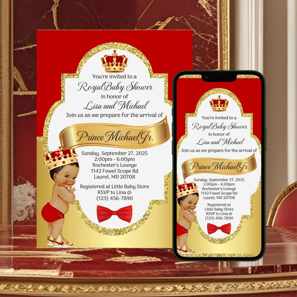 Red and Gold Little Prince Baby Shower Invitation