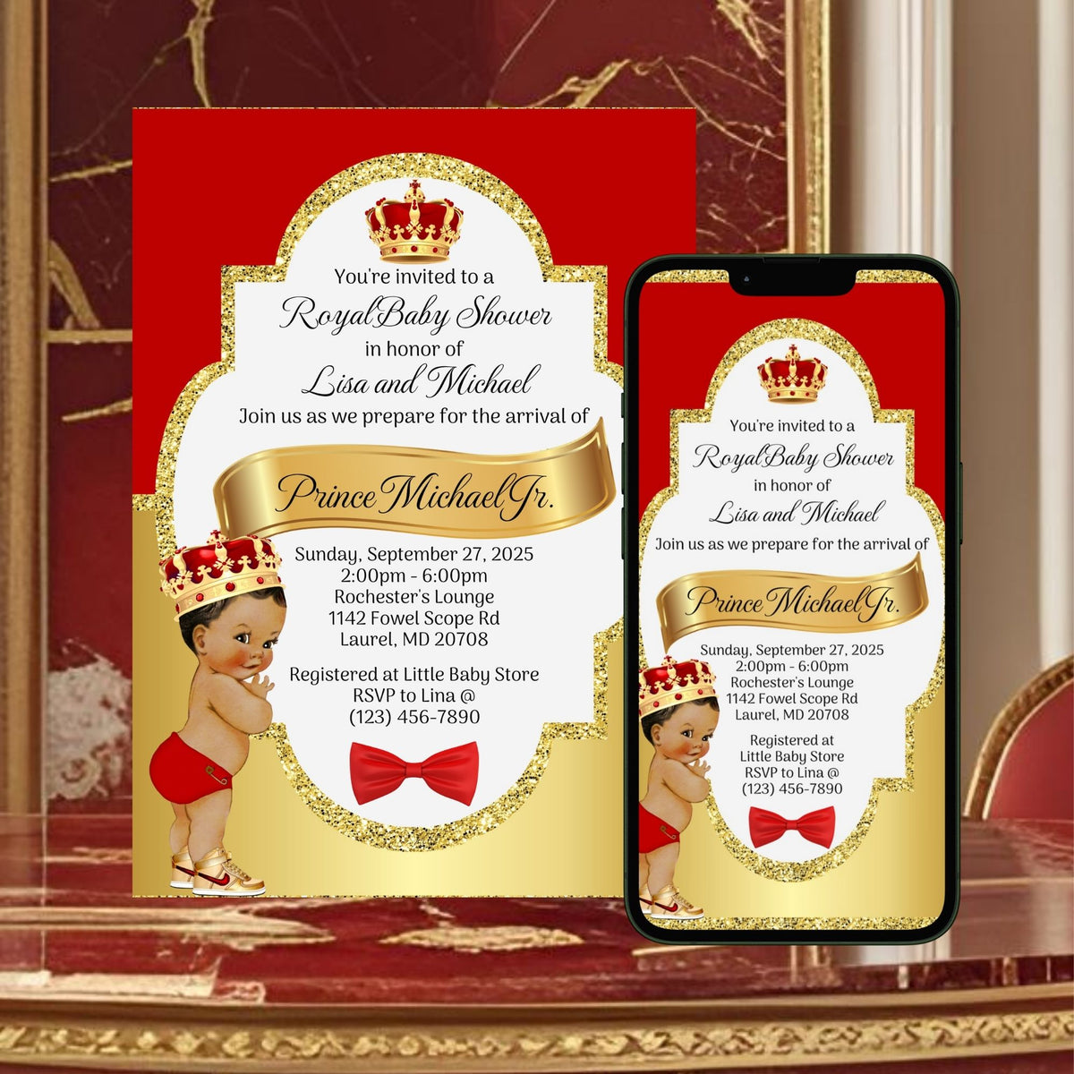 Red and Gold Little Prince Baby Shower Invitation