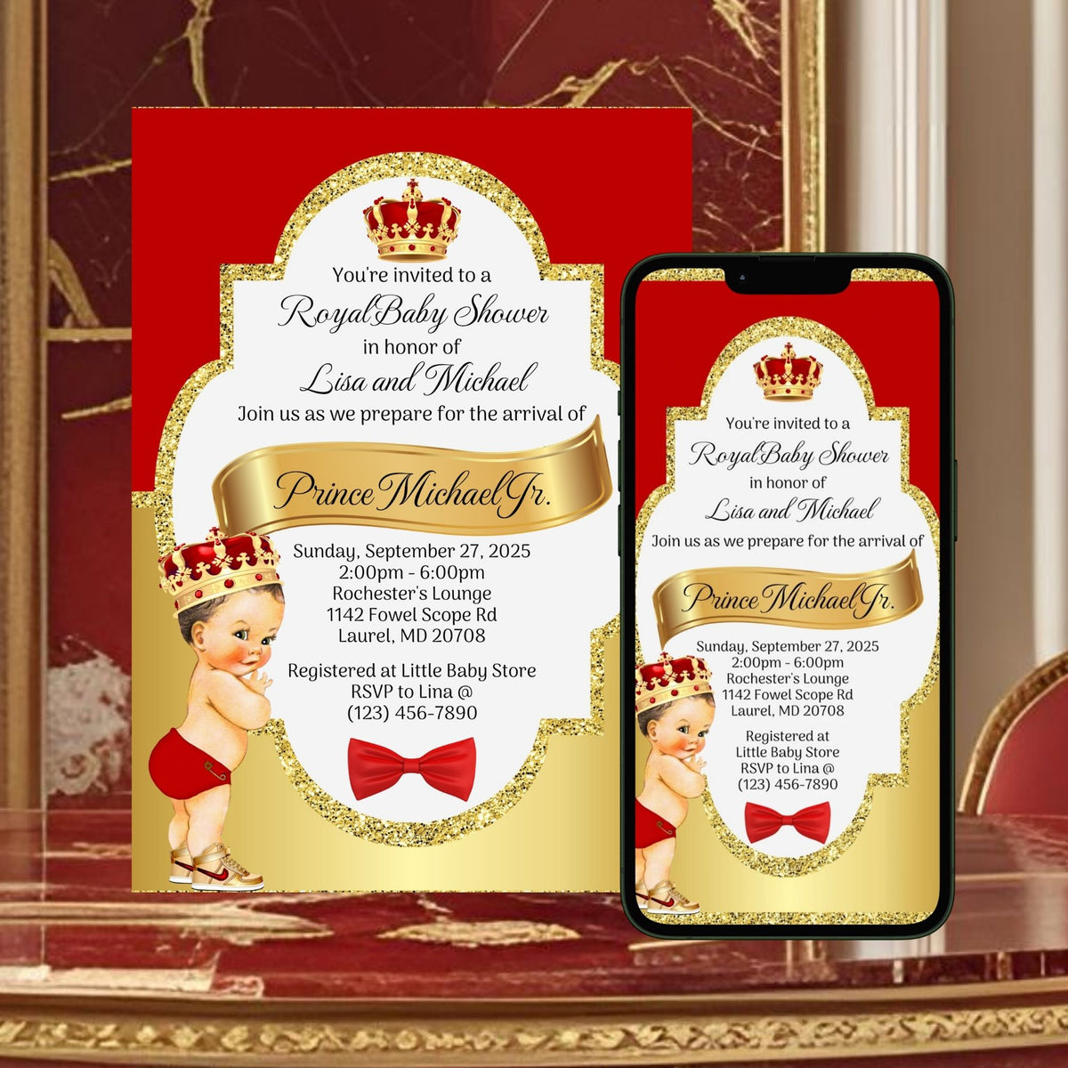 Red and Gold Little Prince Baby Shower Invitation