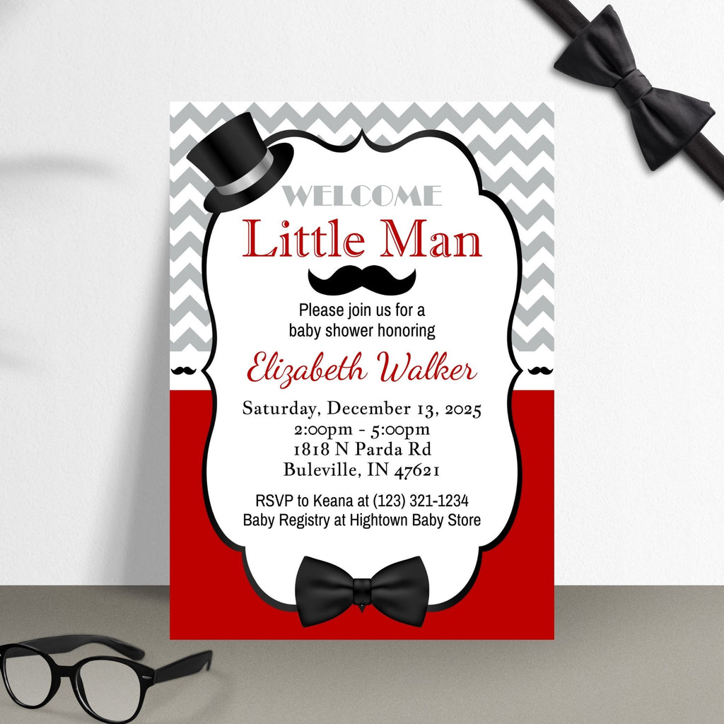 Red, Black, Gray Little Man Baby Shower Invitation