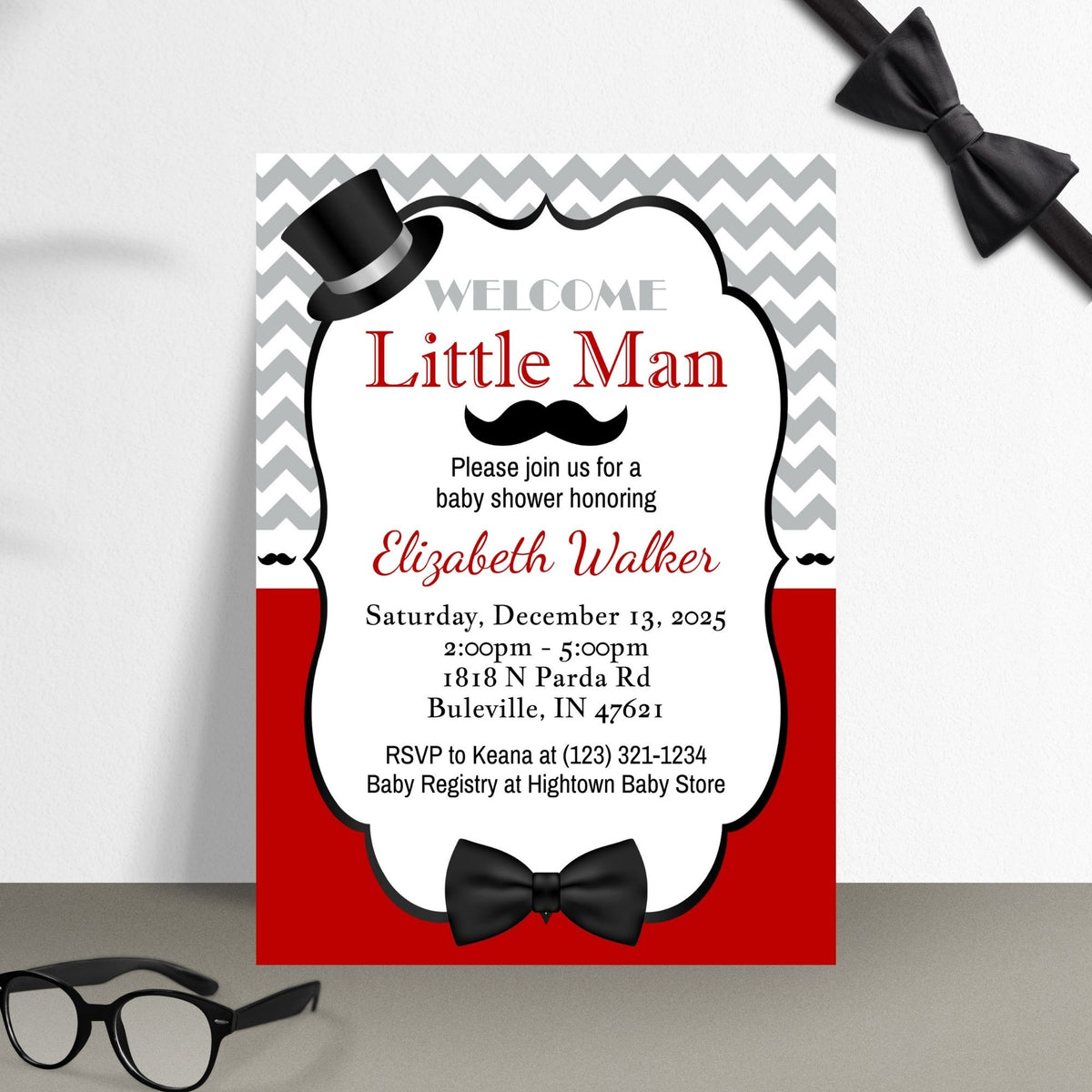 Red, Black, Gray Little Man Baby Shower Invitation
