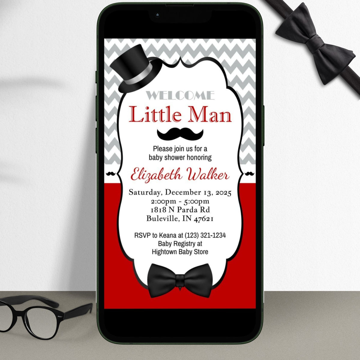 Red, Black, Gray Little Man Baby Shower Invitation