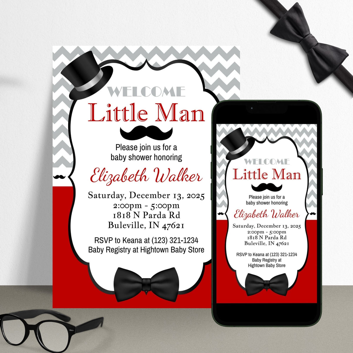 Red, Black, Gray Little Man Baby Shower Invitation