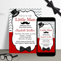 Red, Black, Gray Little Man Baby Shower Invitation