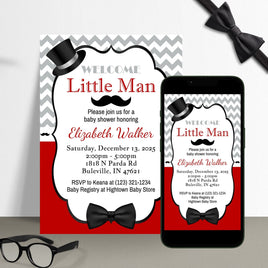 Red, Black, Gray Little Man Baby Shower Invitation