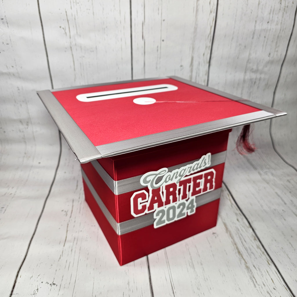 Graduation Cap Card Box - Red, Silver, White 8x8 Style 2