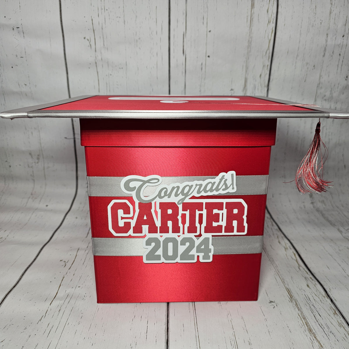 Graduation Cap Card Box - Red, Silver, White 8x8 Style 2