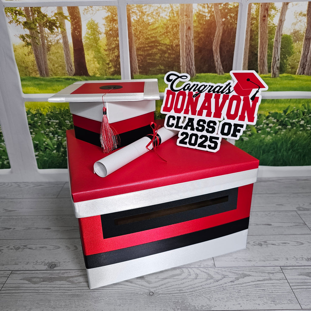 Black, Red, and White Grad Card Box, 10x10x6