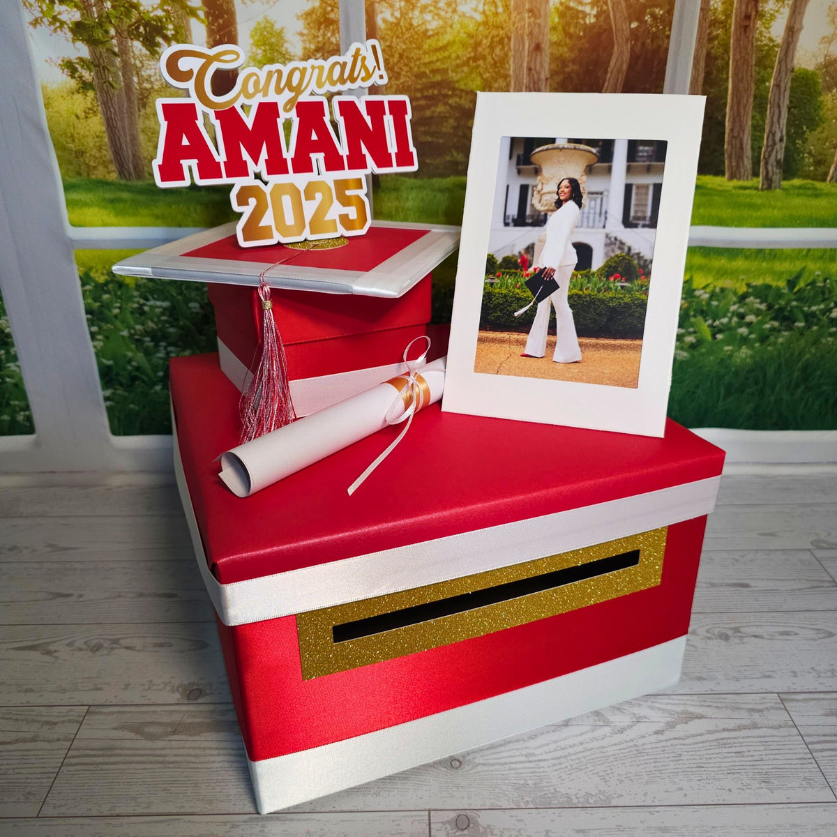 Red, White, and Gold Graduation Card Box