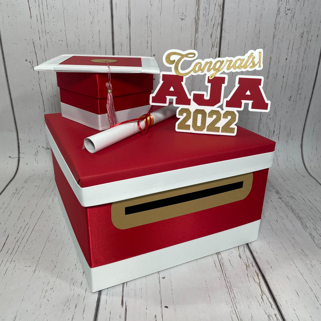Red, White, Old Gold Graduation Card box, 10x10x6