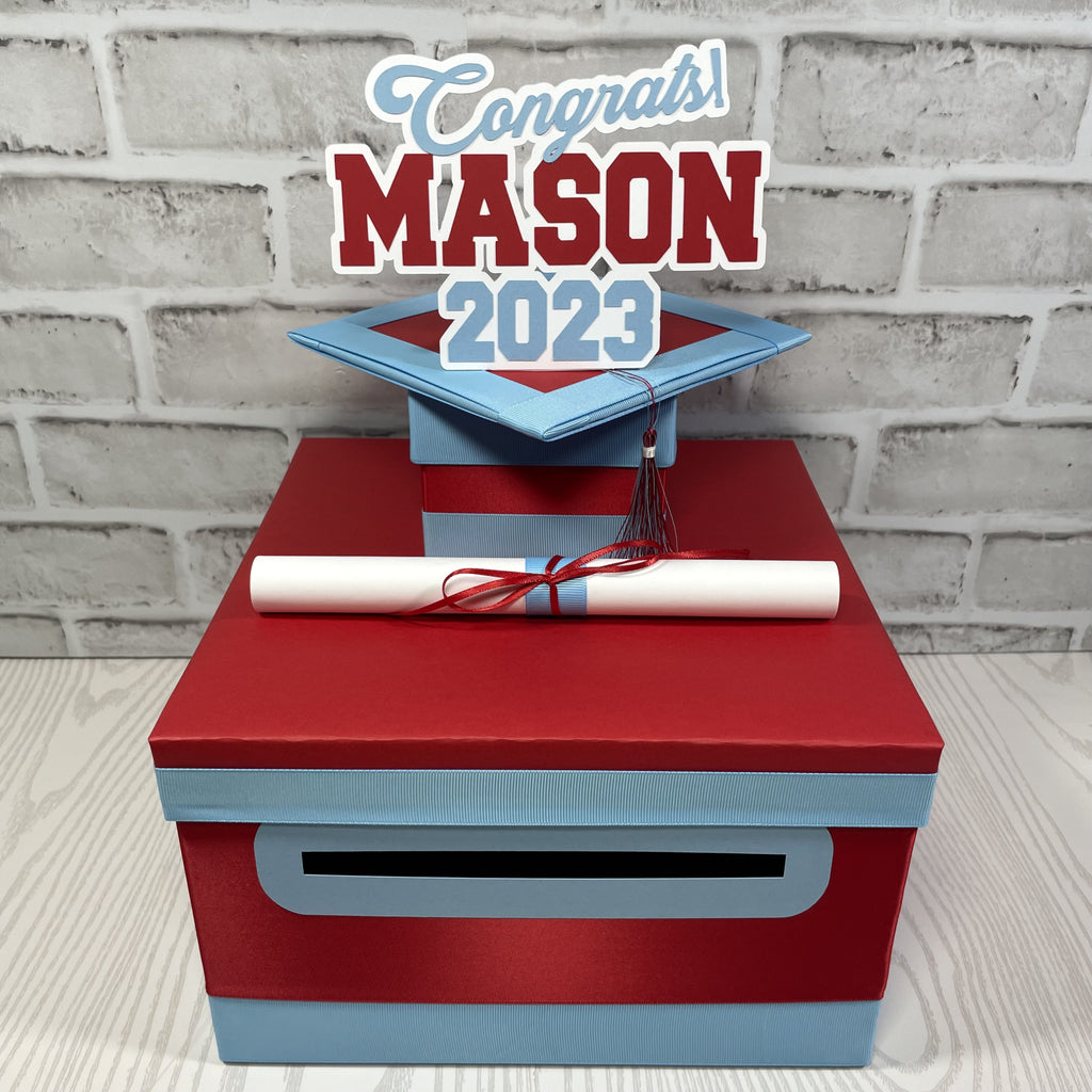 Red & Light Blue 10x10 Graduation Money Box