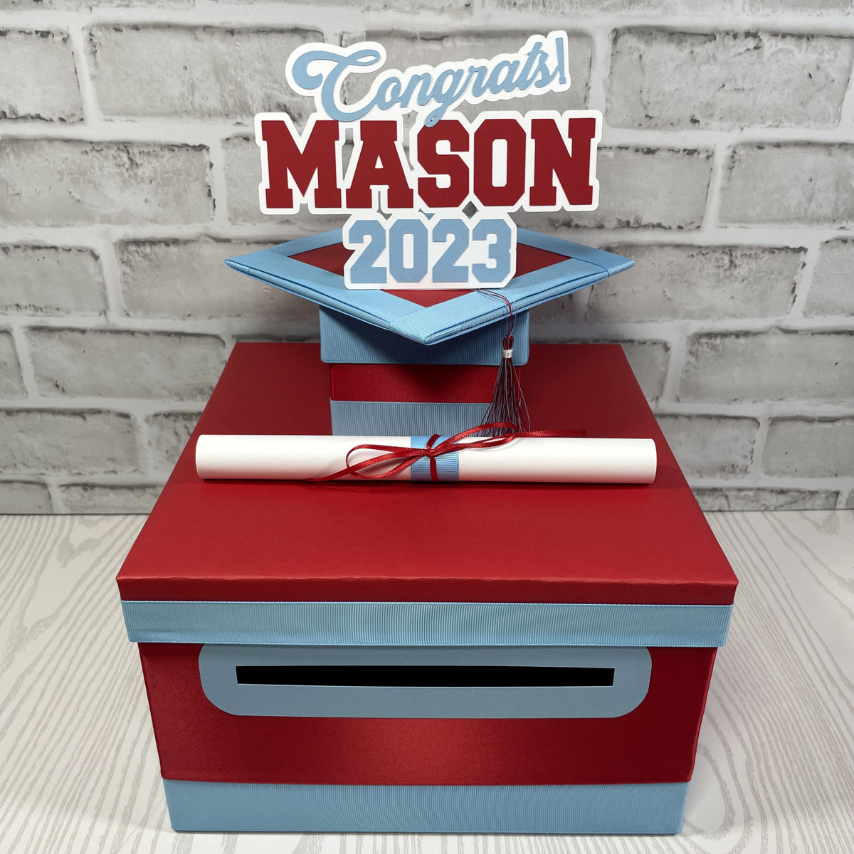 Red & Light Blue 10x10 Graduation Money Box