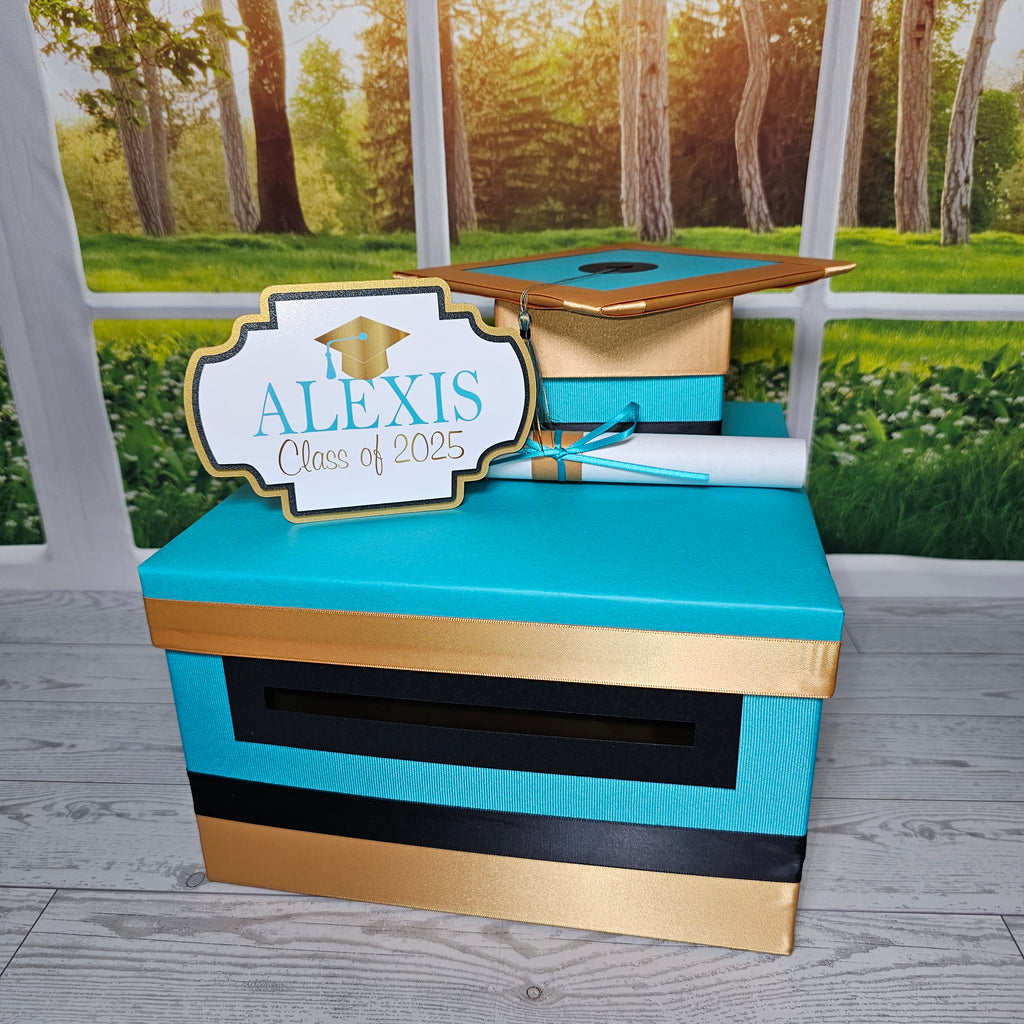 Turquoise, Antique Gold Graduation Card Box