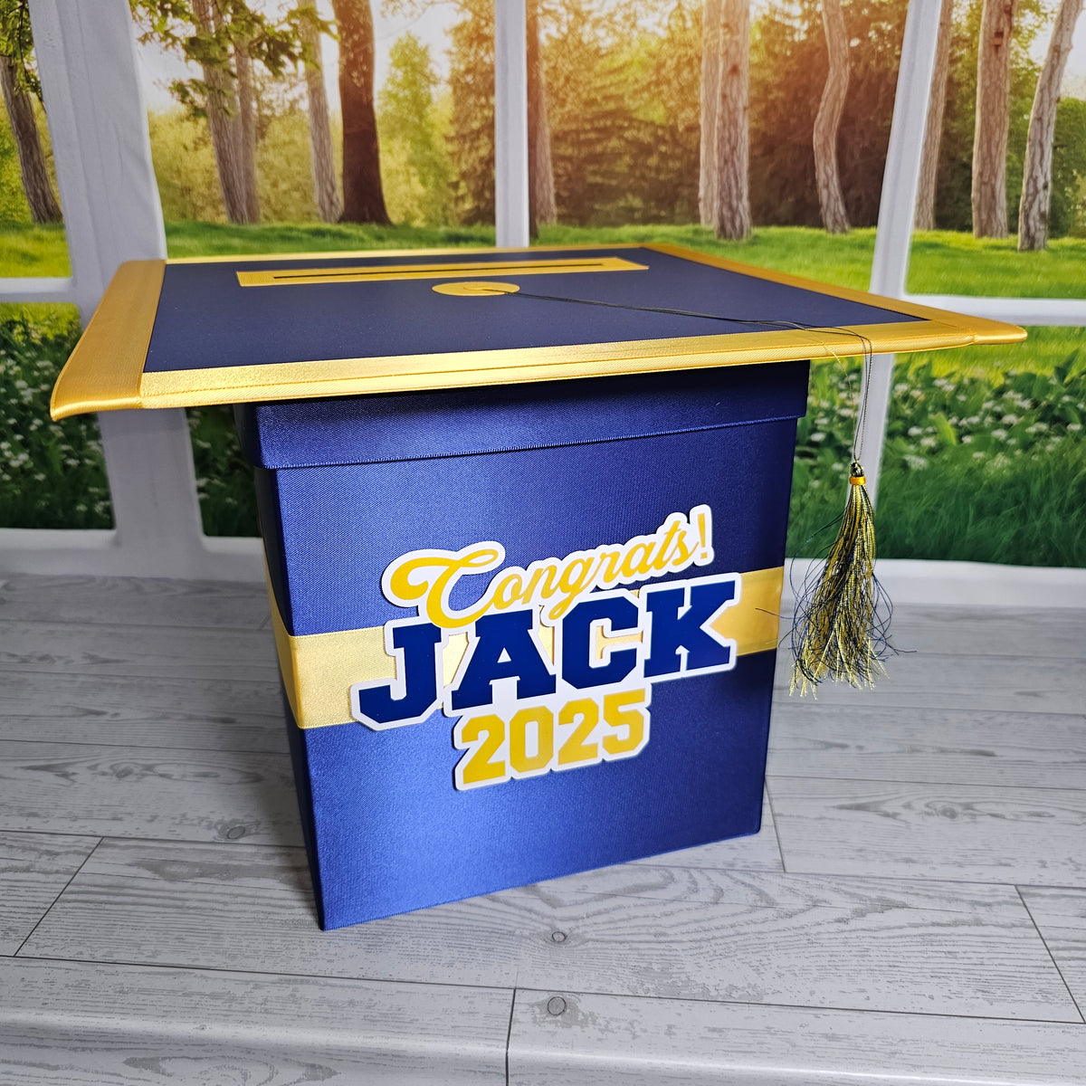 Grad Party Card Box, Light Navy, Yellow Gold 8x8 Style 4