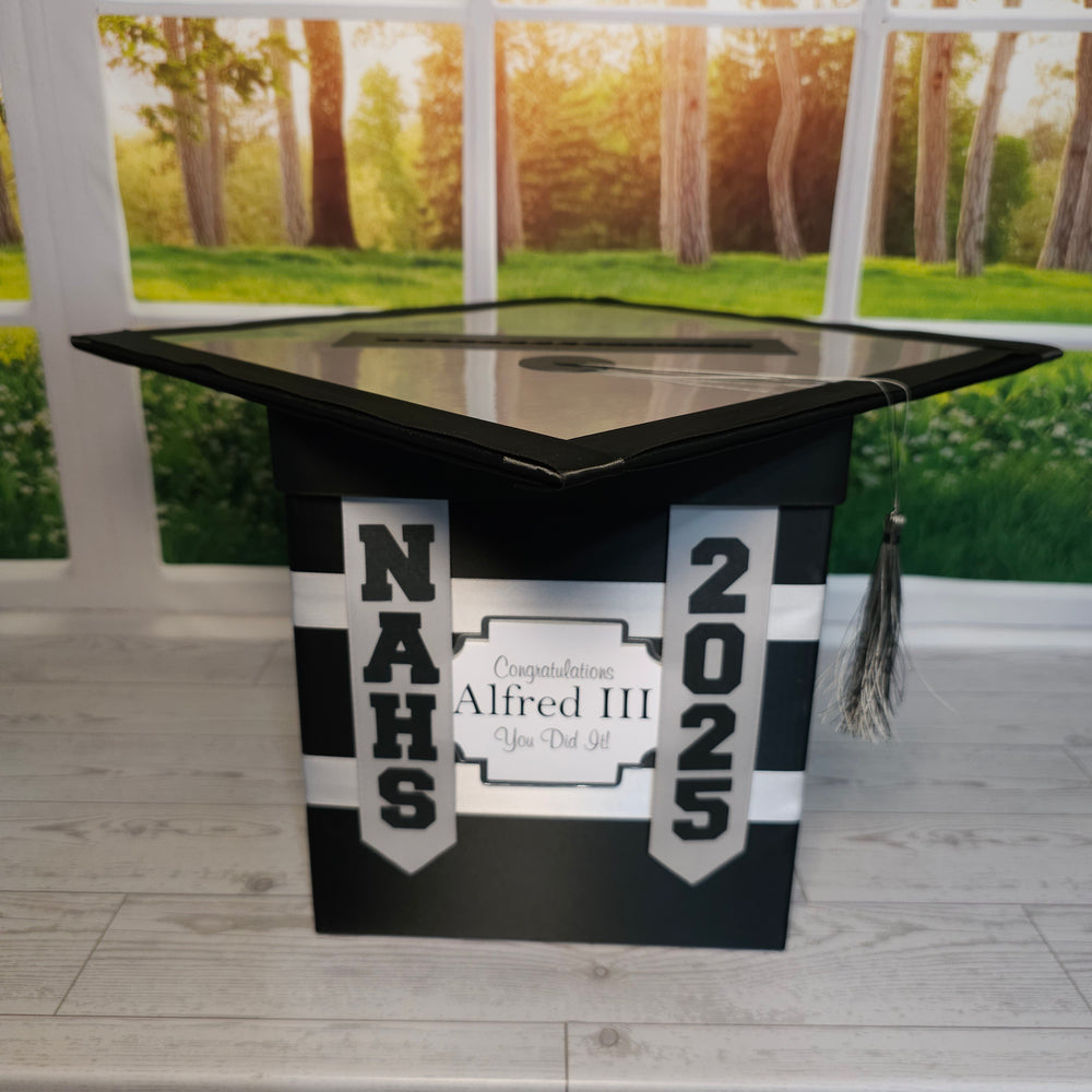 Graduation Cap Card Box, Black, Silver Style 6