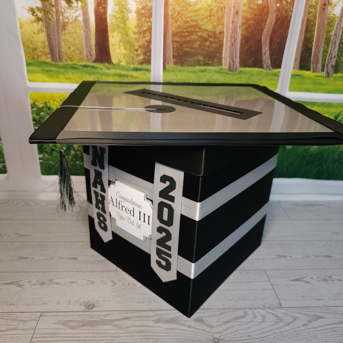 Graduation Cap Card Box, Black, Silver Style 6