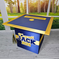 Grad Party Card Box, Light Navy, Yellow Gold 8x8 Style 4
