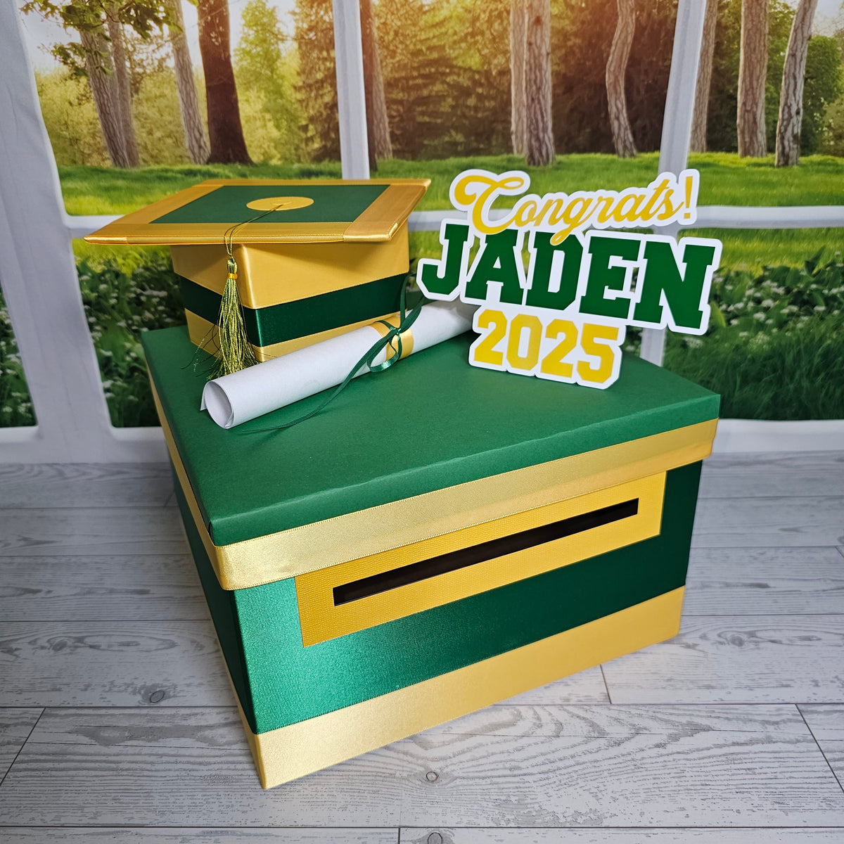 Graduation Card Box - Forest Green, Yellow Gold 10x10x6