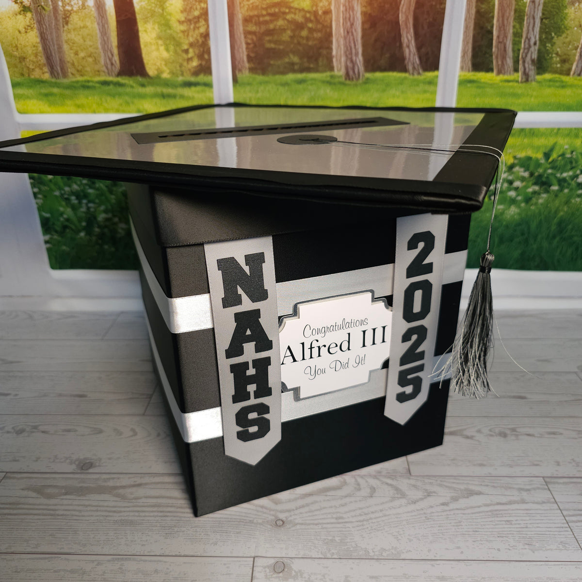 Graduation Cap Card Box, Black, Silver Style 6