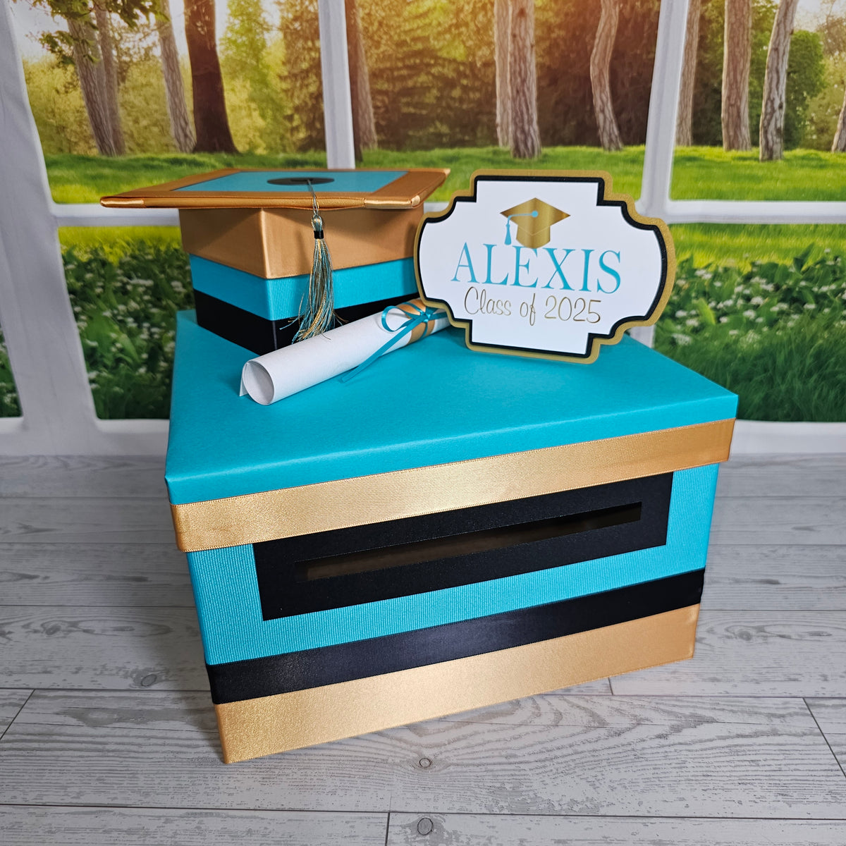 Turquoise, Antique Gold Graduation Card Box
