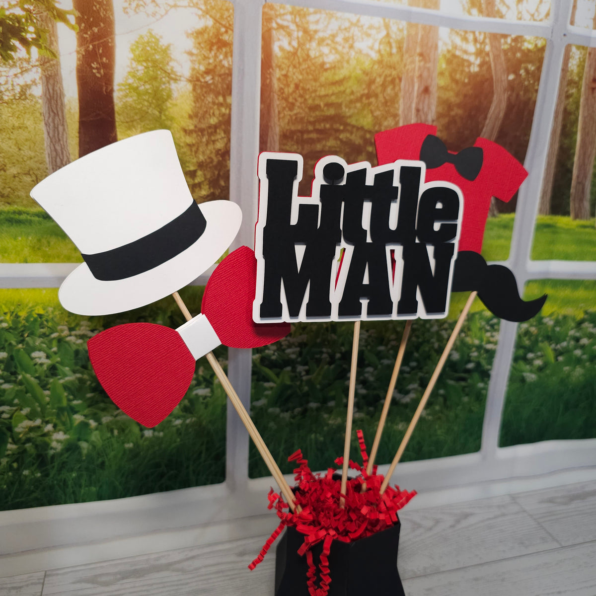 Little Man Centerpiece Sticks, Red, Black, White