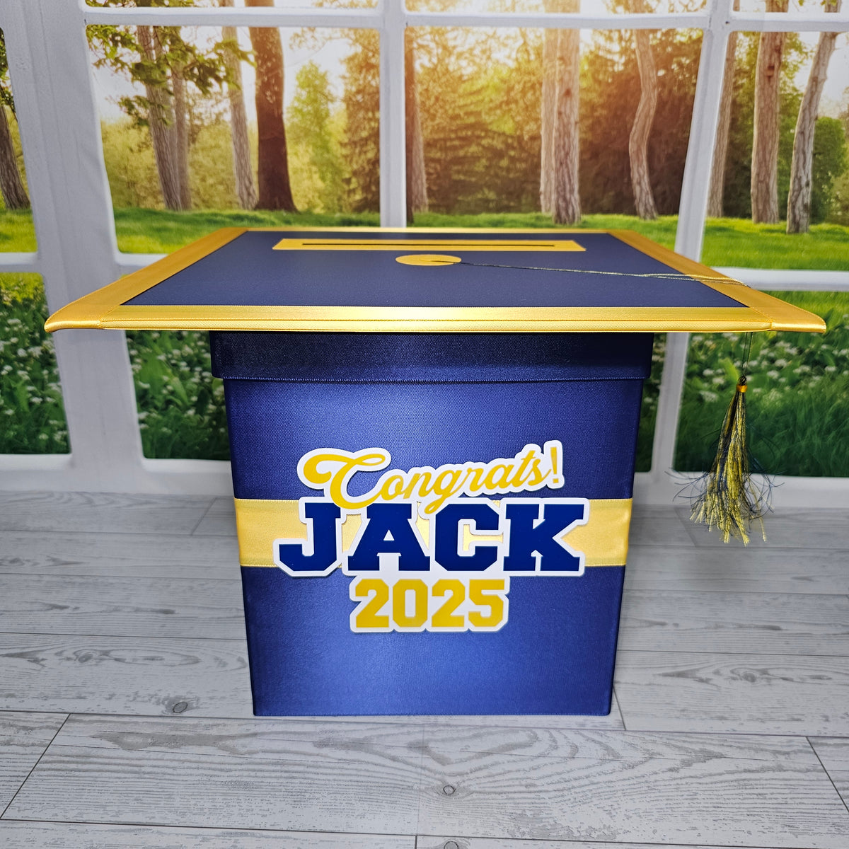 Grad Party Card Box, Light Navy, Yellow Gold 8x8 Style 4