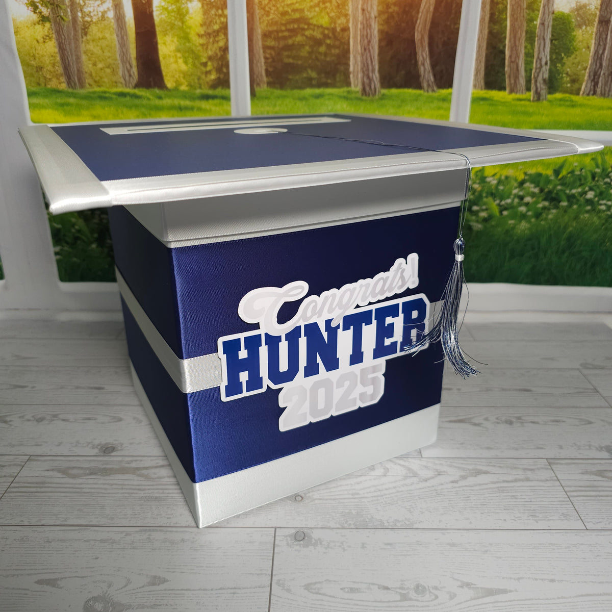 Graduation Cap Card Box - Navy, White Style 3