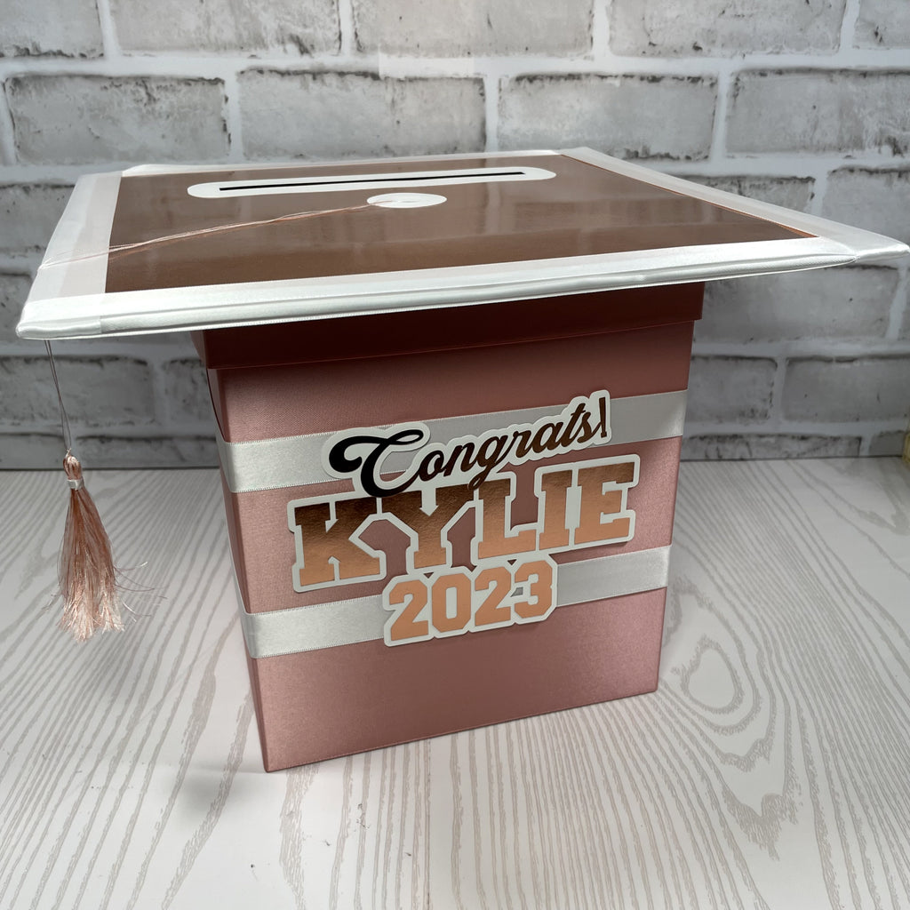 Graduation Cap Card Box - Rose Gold, White 8x8 | Nepheryn Party