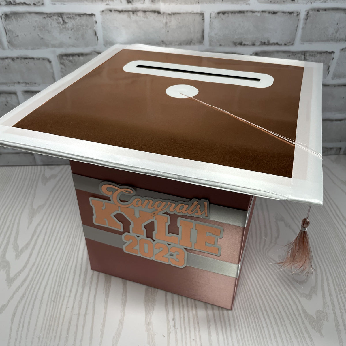 Graduation Cap Card Box - Rose Gold, White 8x8 Style 2