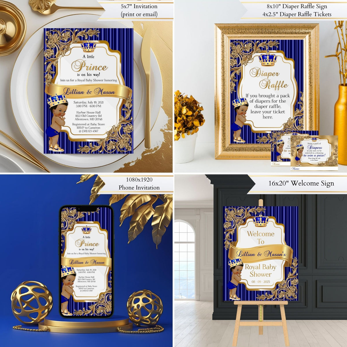 Little Prince Baby Shower Bundle, Royal Blue and Gold